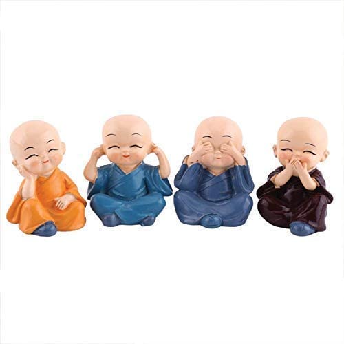 Set of 4 Buddha Monk Statues Miniature Figurines Showpiece for Wall Shelf, Table Desktop, Car Dashboard Decoration, Home, Office Decor