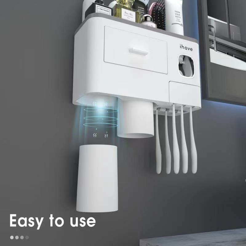 Toothbrush Holders for Bathrooms, 2 Cups Toothbrush Holder Wall Mounted with Toothpaste Dispenser, Large Capacity Tray, Cosmetic Drawer and 6 Brush Slots with Cover Tooth Brush Holder