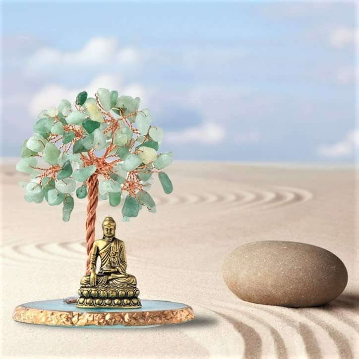 Buddha Statue with Healing Crystal Tree, Tree of Life for Positive Energy. Home Decor Yoga Meditation. Green.(B)