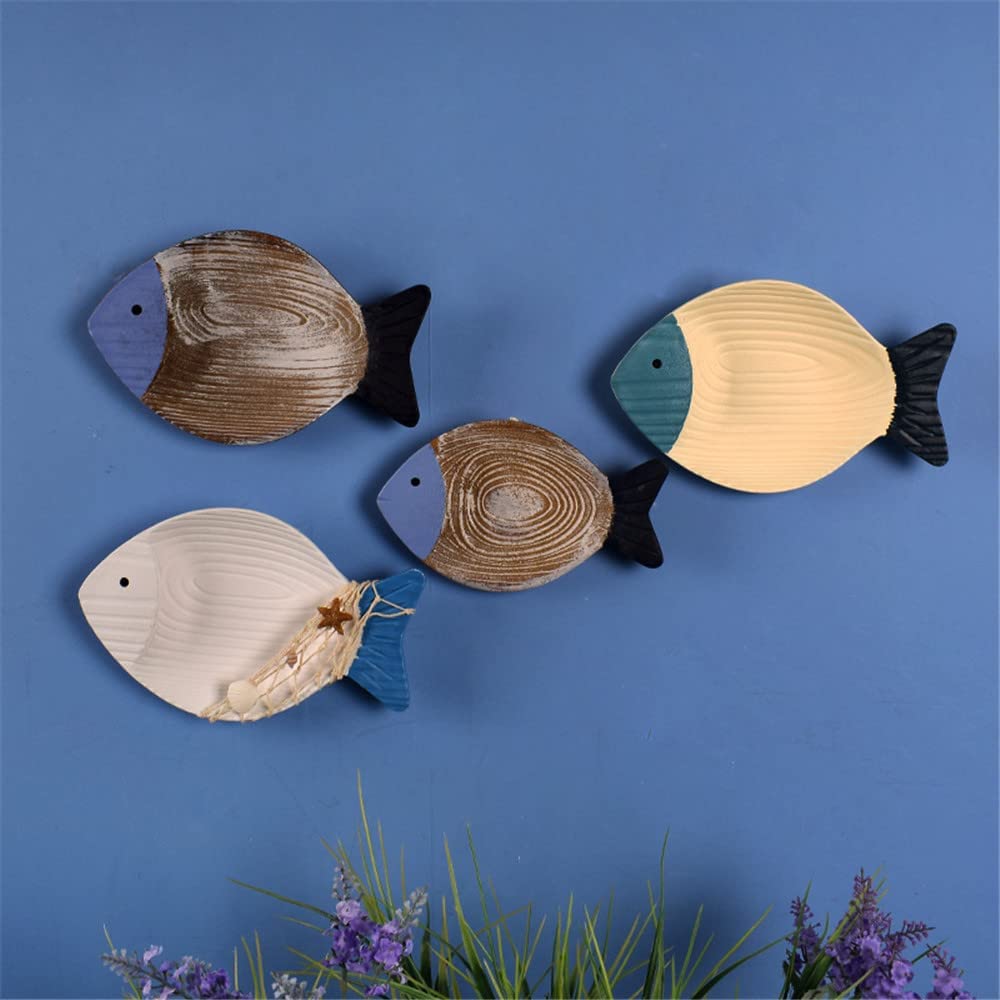 2Pcs Wood Fish Nautical Beach Wall Decor, Wooden Hanging Coastal Wall Art Decor for Home, Lake House, Ocean Bathroom Decor - Blue
