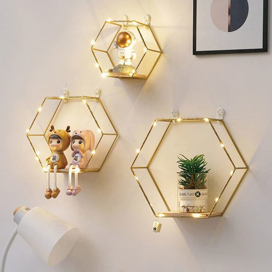 Hexagon Floating Shelves Wall Decor, Gold Metal Wire and Wood Wall Mounted Storage Shelf Home Decorations Art for Bedroom Living Room Kitchen Bathroom, Set of 3 with LED Lights