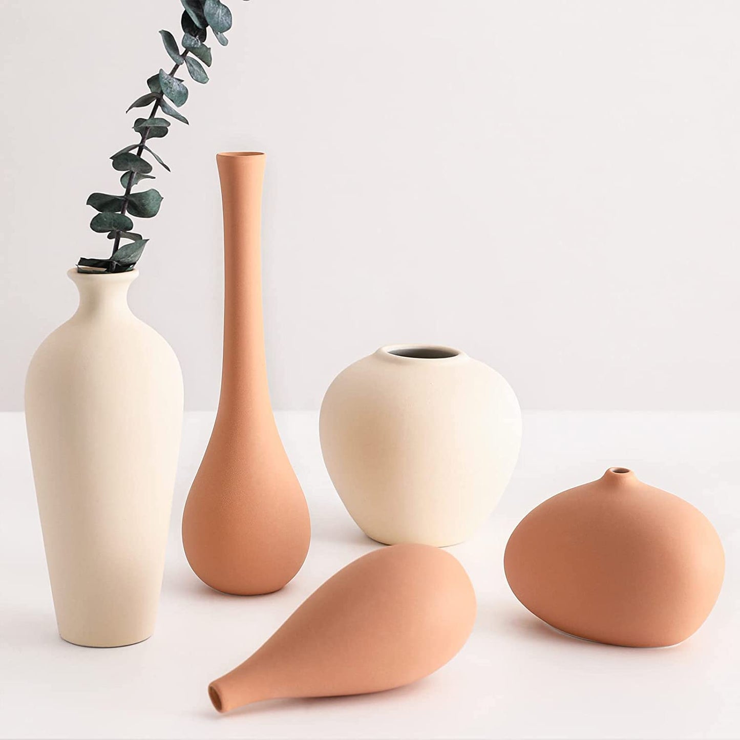 Ceramic Vase Set of 5, Small Flower Vases for Rustic Home Decor, Modern Farmhouse Decor, Living Room Decor, Shelf Decor, Table Decor, Bookshelf, Mantel and Entryway Decor