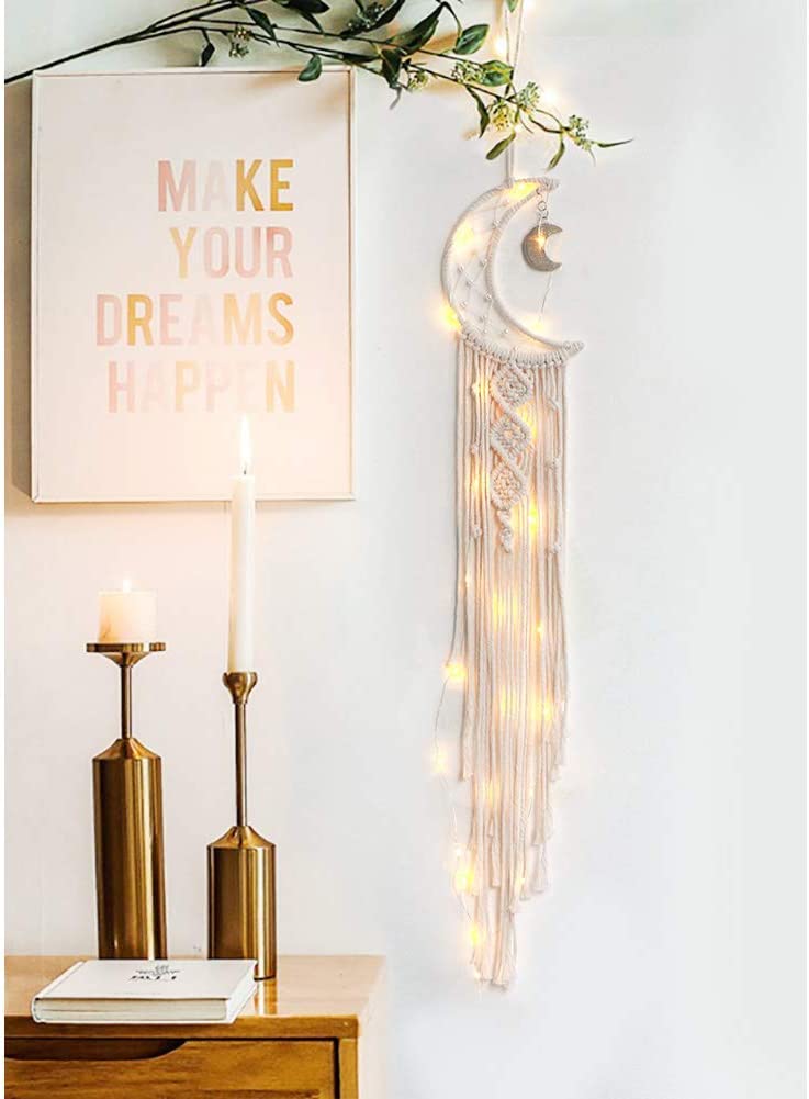 Woven Wall Hanging Moon Dream Catcher- Boho Chic Bohemian Home Decor Wall Art Decor Beautiful Apartment Dorm Room Door Decoration (Moon)