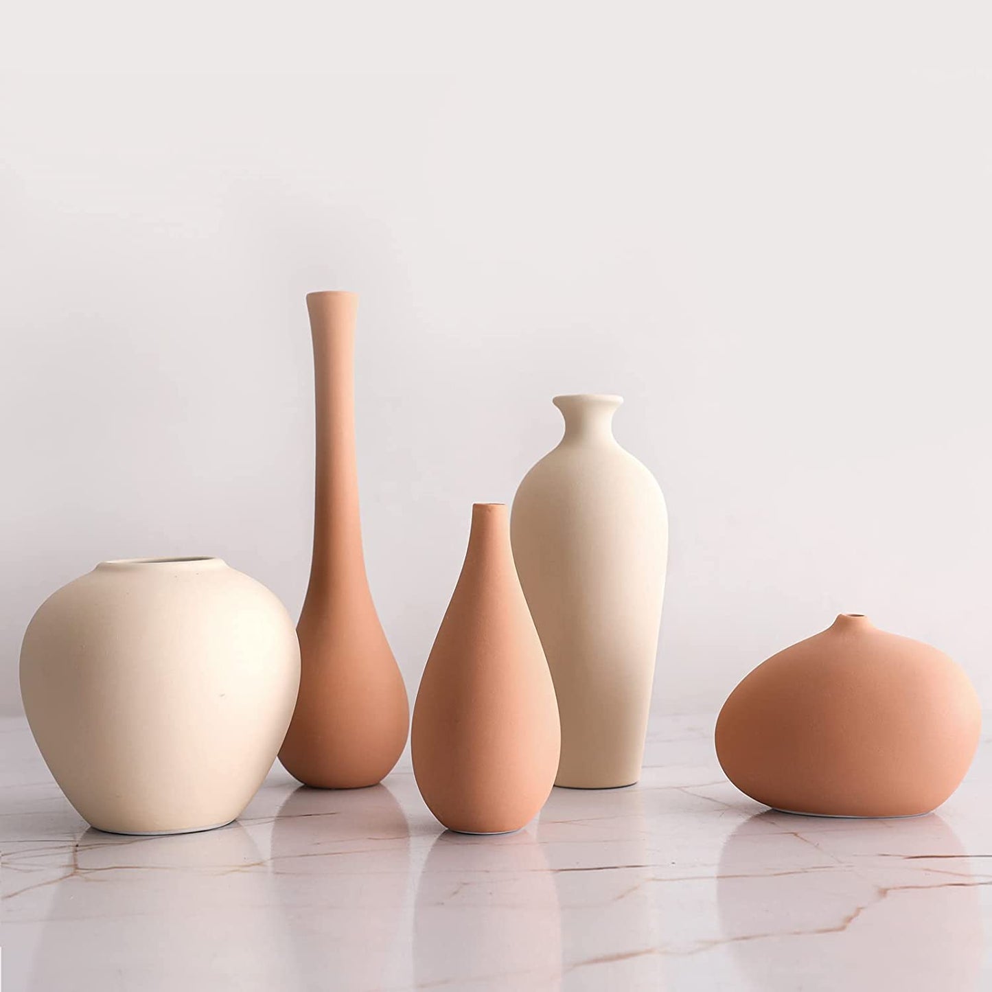 Ceramic Vase Set of 5, Small Flower Vases for Rustic Home Decor, Modern Farmhouse Decor, Living Room Decor, Shelf Decor, Table Decor, Bookshelf, Mantel and Entryway Decor