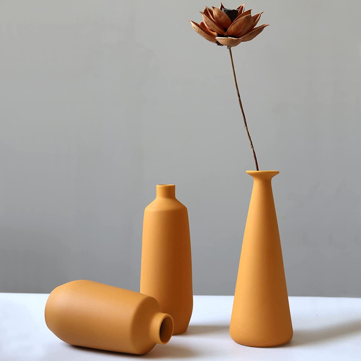 Ceramic Vase Set of 3, Minimalistic Style Flower Vase for Rustic Home Decor, Modern Farmhouse Decor, Living Room, Shelf Decor, Table Decor, Bookshelf, Mantel and Entryway Decor-Orange/Yellow