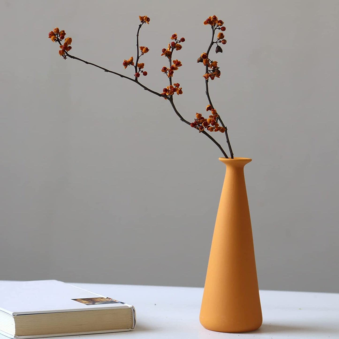 Ceramic Vase Set of 3, Minimalistic Style Flower Vase for Rustic Home Decor, Modern Farmhouse Decor, Living Room, Shelf Decor, Table Decor, Bookshelf, Mantel and Entryway Decor-Orange/Yellow
