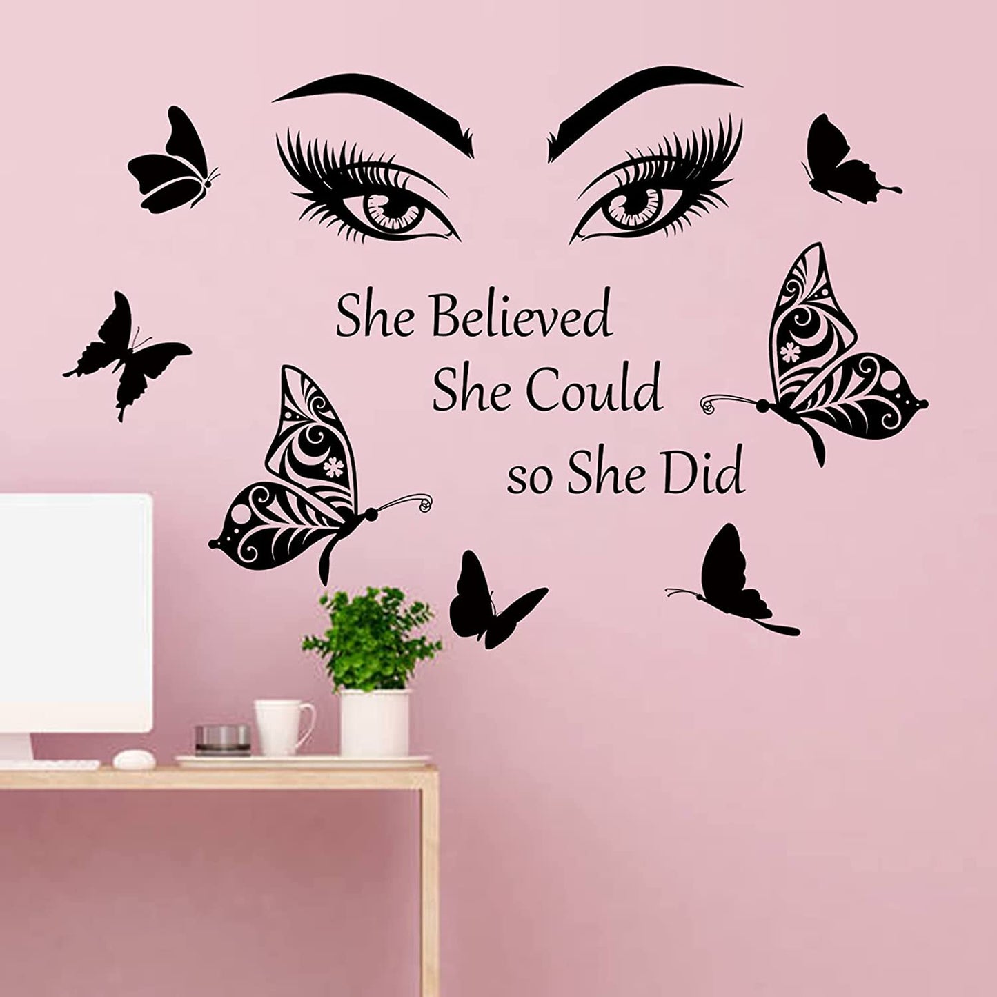 Inspirational Wall Decal Quotes Eyelash Eyes Wall Stickers Motivational Word Letter Decals She Believe She Could So She Did Wall Art Positive Sayings Sticker for Women Girls Bedroom Living Room Decor