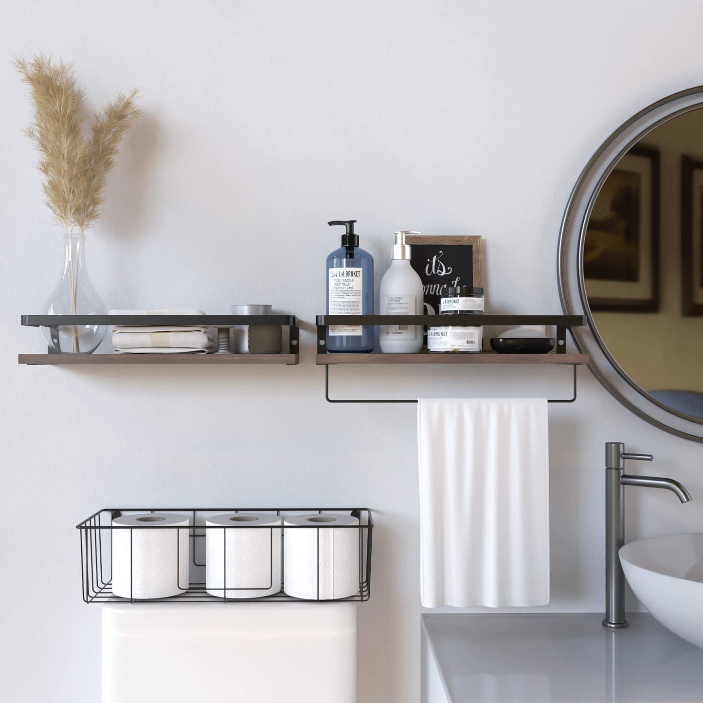 Floating Shelves with Toilet Paper Basket Set, Rustic Wall Shelves with Removable Towel Bar, Farmhouse Floating Bathroom Shelves for Kitchen and Bedroom - Rustic Brown