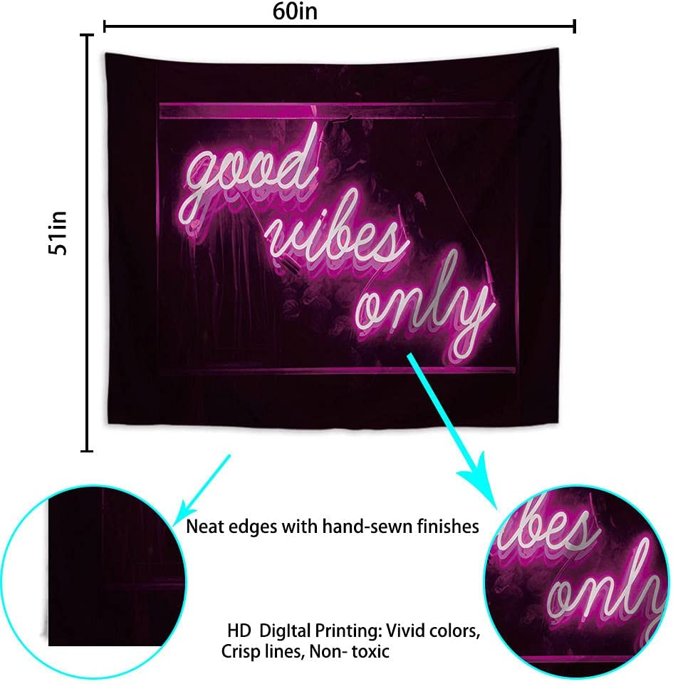Decorative Wall Tapestry, Good Vibes Only Words in Neon Light for Bedroom Living Room Outdoor 50 X 60 Inches (Pink)