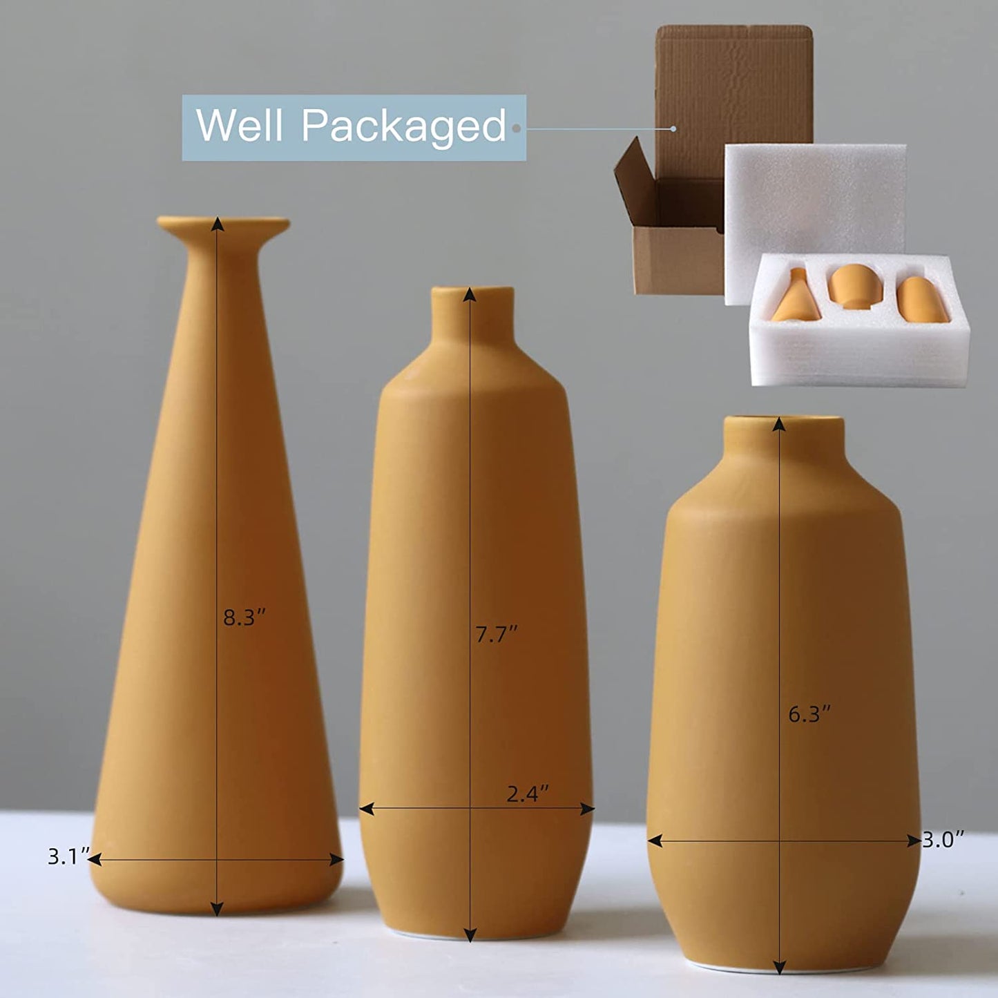 Ceramic Vase Set of 3, Minimalistic Style Flower Vase for Rustic Home Decor, Modern Farmhouse Decor, Living Room, Shelf Decor, Table Decor, Bookshelf, Mantel and Entryway Decor-Orange/Yellow