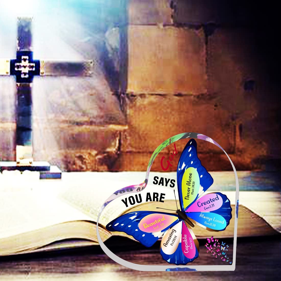 Gifts for Women, Inspirational Faith Gifts for Women Religious, Bible Verse and Encouragement Butterfly Desk Decor, Gifts for Women, Mom, Friend, Sister-Acrylic Hearts Plaques