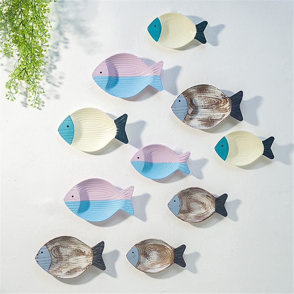 2Pcs Wood Fish Nautical Beach Wall Decor, Wooden Hanging Coastal Wall Art Decor for Home, Lake House, Ocean Bathroom Decor - Blue