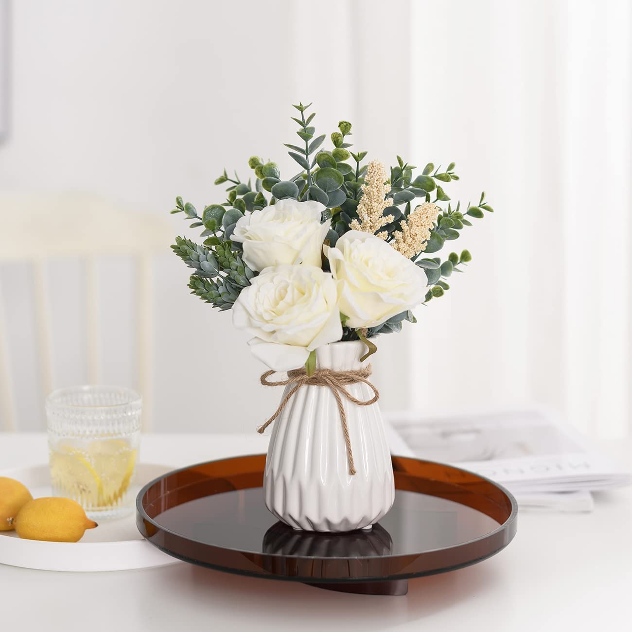 Fake Flowers with Vase, Dining Table Decor, Artificial Flowers White Roses in Vase, Silk Faux Flower Arrangements, Rustic Home Office Centerpiece Decorations, Bathroom Plant Decor