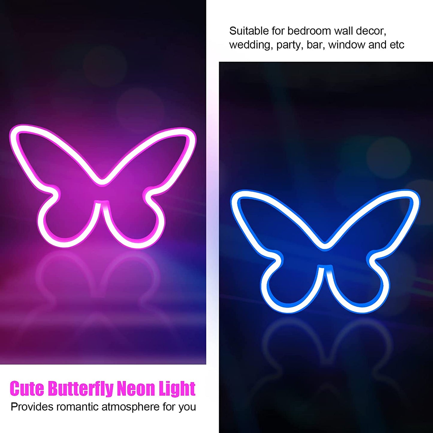 2 Pieces Butterfly Neon Signs for Wall Decor, LED Neon Light Sign Powered by Battery or USB, Butterfly Neon Light up Sign for Teenage Girls Room Decor, Birthday Gift, Party, Wedding,Bar,Bedroom