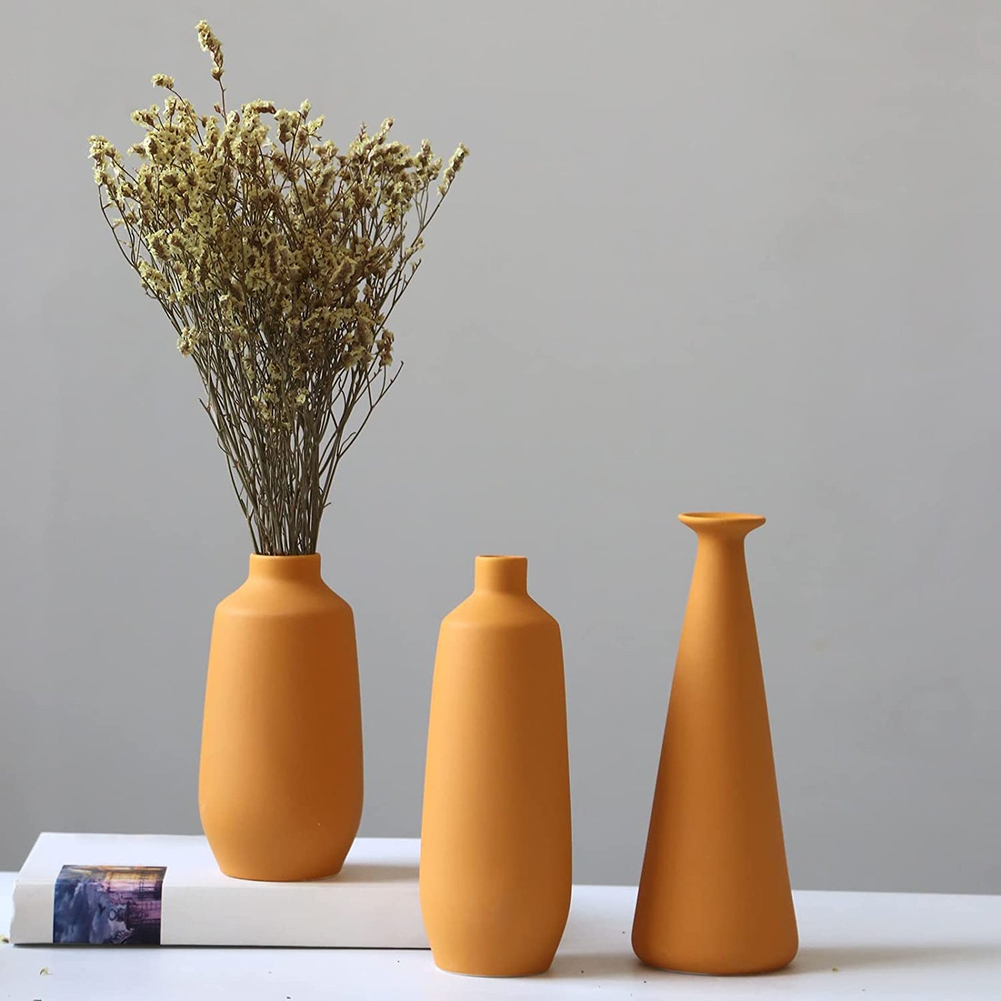 Ceramic Vase Set of 3, Minimalistic Style Flower Vase for Rustic Home Decor, Modern Farmhouse Decor, Living Room, Shelf Decor, Table Decor, Bookshelf, Mantel and Entryway Decor-Orange/Yellow