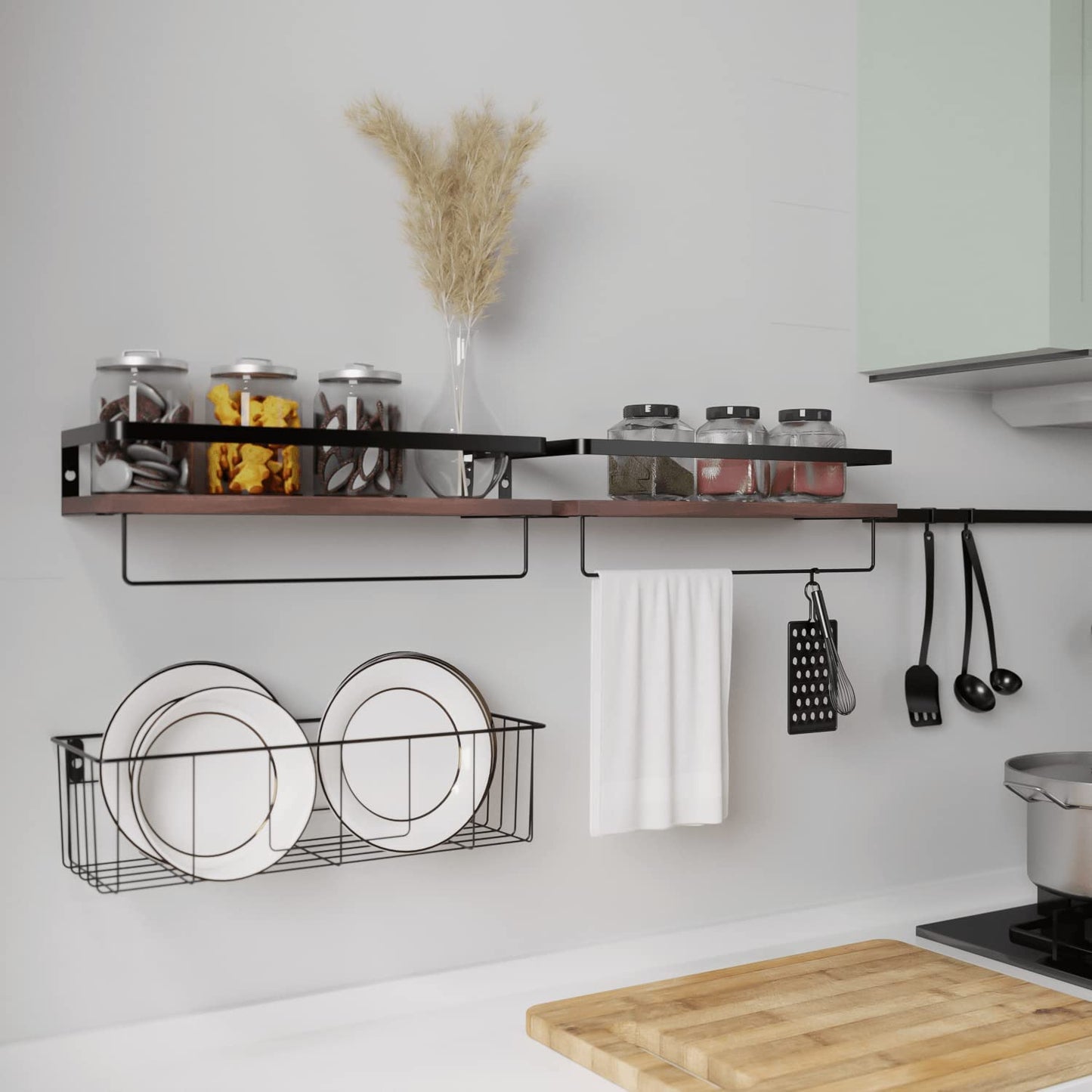 Floating Shelves with Toilet Paper Basket Set, Rustic Wall Shelves with Removable Towel Bar, Farmhouse Floating Bathroom Shelves for Kitchen and Bedroom - Rustic Brown