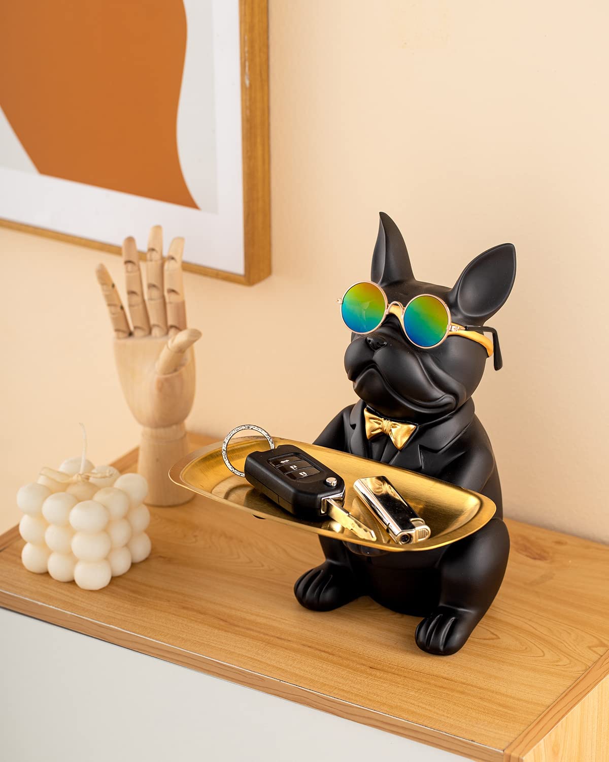 French Bulldog Statue,Resin Bulldog Key Tray for Entryway Decor, Key Holder Organizer for Entryway Table, French Bulldog Gifts Black