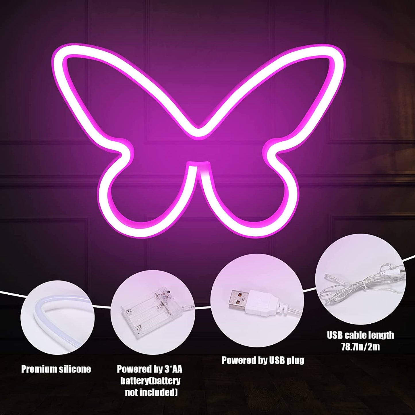2 Pieces Butterfly Neon Signs for Wall Decor, LED Neon Light Sign Powered by Battery or USB, Butterfly Neon Light up Sign for Teenage Girls Room Decor, Birthday Gift, Party, Wedding,Bar,Bedroom