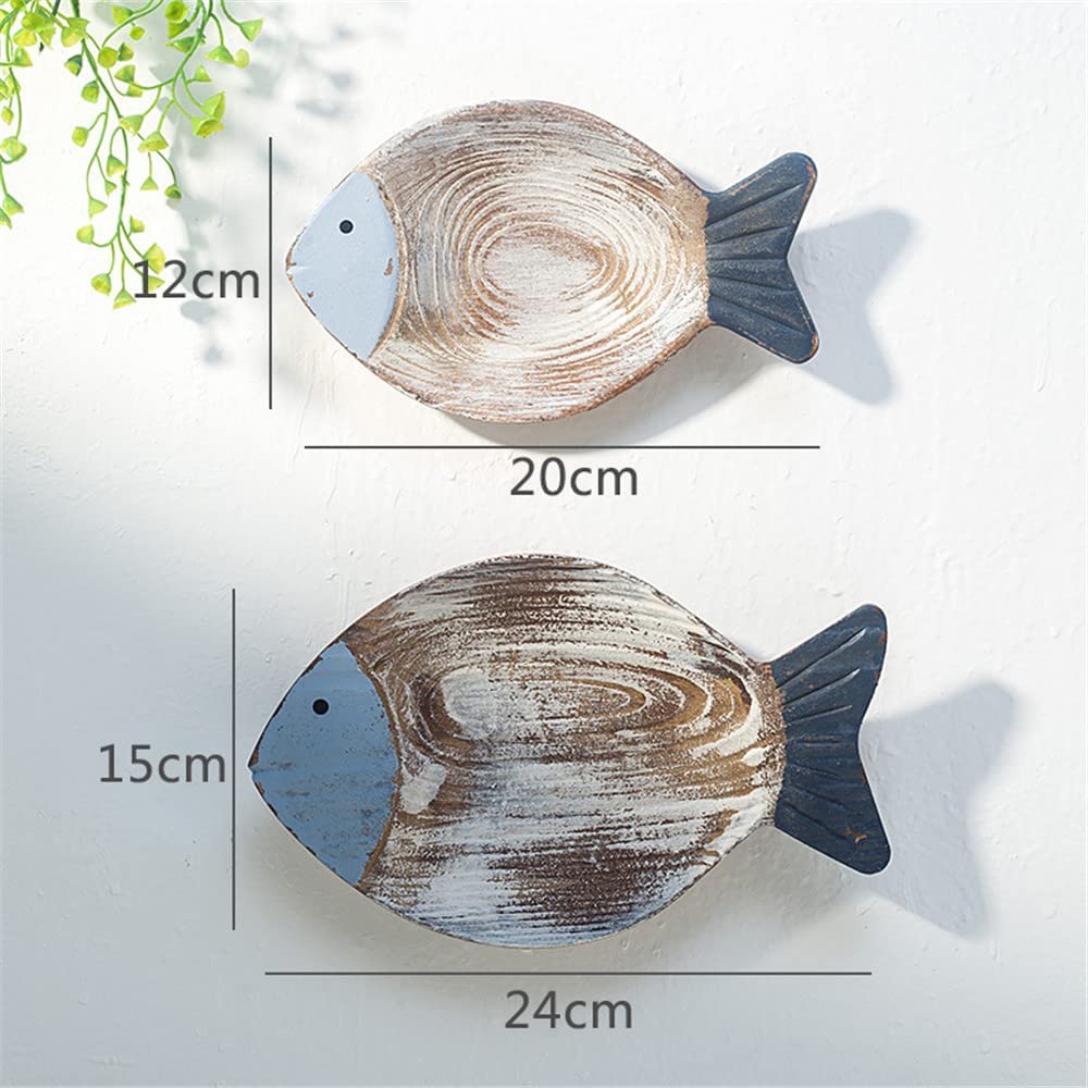 2Pcs Wood Fish Nautical Beach Wall Decor, Wooden Hanging Coastal Wall Art Decor for Home, Lake House, Ocean Bathroom Decor - Blue