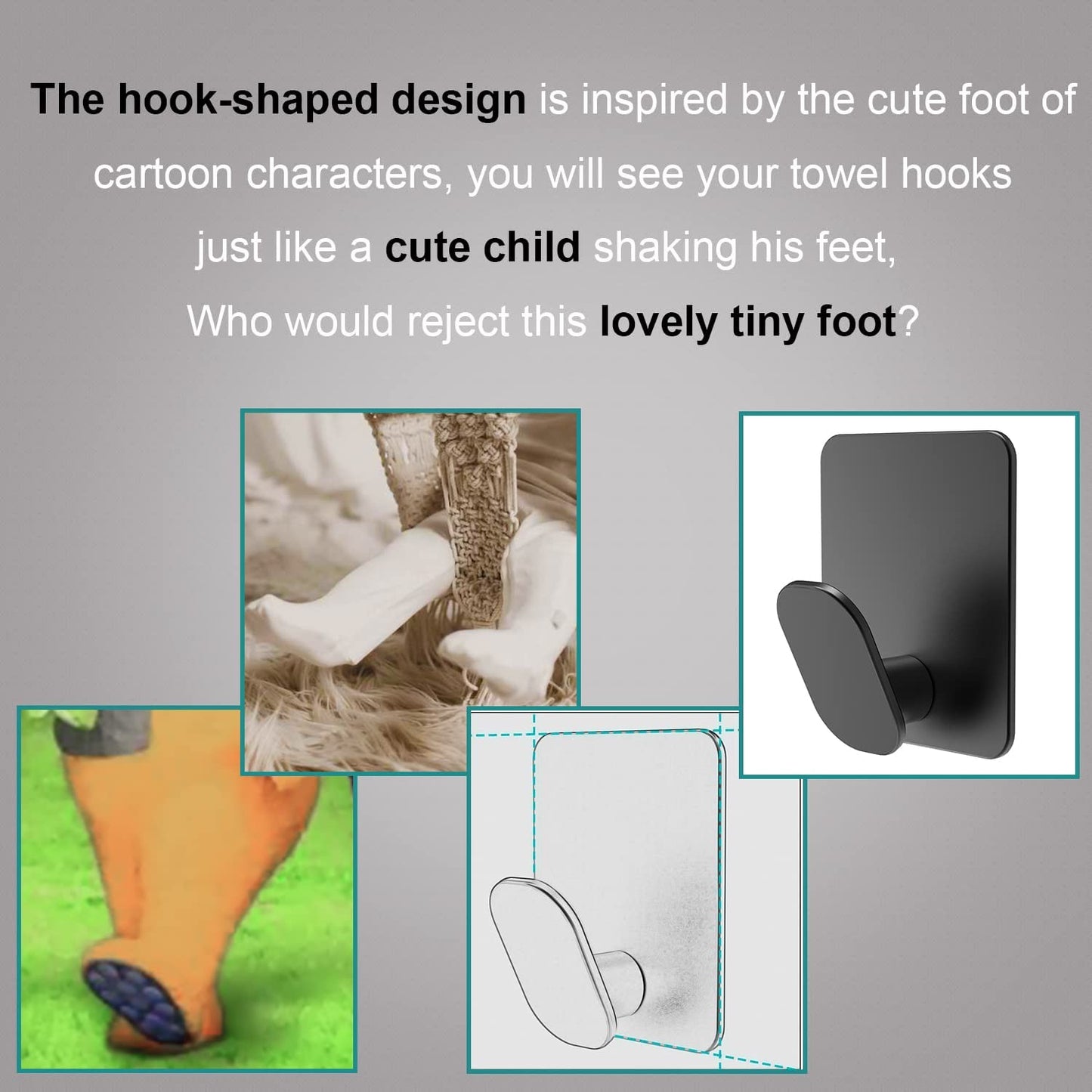 Adhesive Hooks - 4 Pack Towel/Coat Hooks Wall Hooks Stick on Bathroom or Kitchen (Matte Black, Stainless Steel)