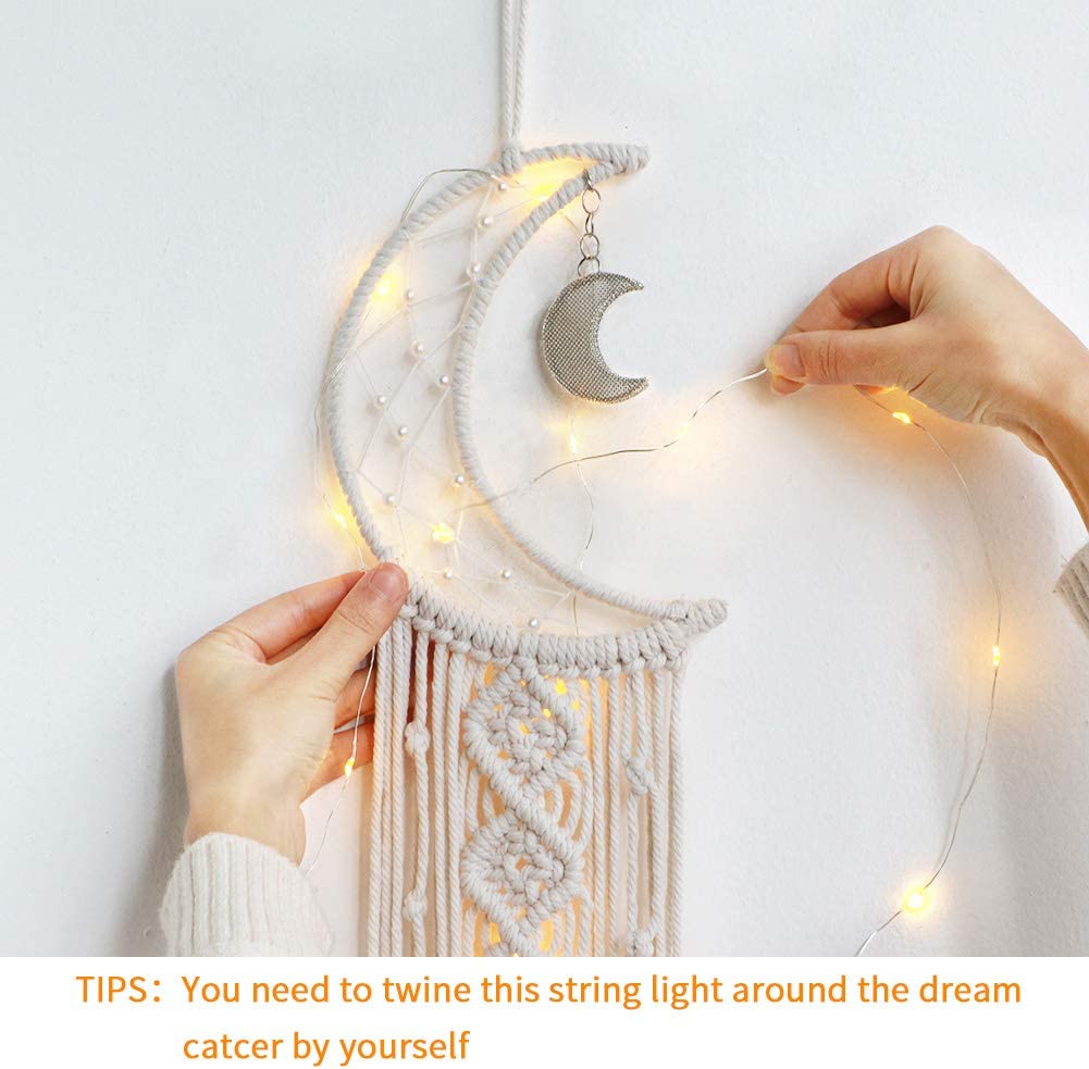 Woven Wall Hanging Moon Dream Catcher- Boho Chic Bohemian Home Decor Wall Art Decor Beautiful Apartment Dorm Room Door Decoration (Moon)