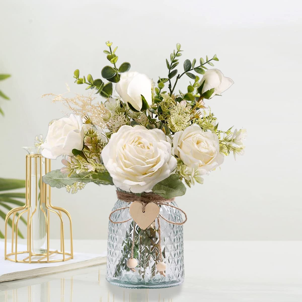 Fake Flowers with Vase, Artificial Flowers in Vase, Table Centerpieces for Dining Room, Silk Flower Arrangements Set, Living Room Bathroom Plants Decor, Dining Table Centerpieces (White)