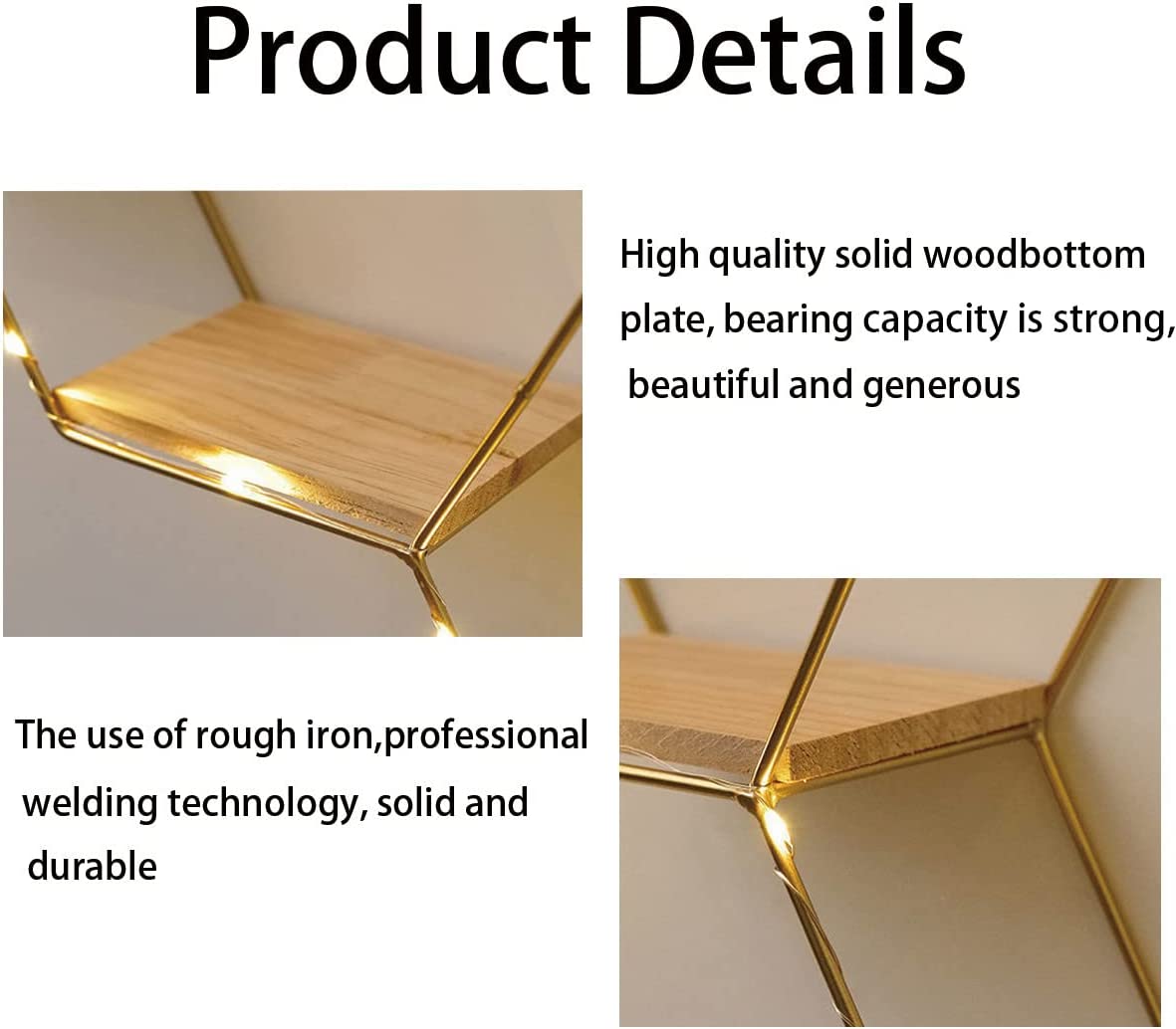 Hexagon Floating Shelves Wall Decor, Gold Metal Wire and Wood Wall Mounted Storage Shelf Home Decorations Art for Bedroom Living Room Kitchen Bathroom, Set of 3 with LED Lights
