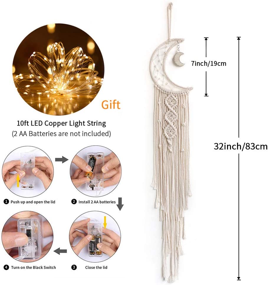 Woven Wall Hanging Moon Dream Catcher- Boho Chic Bohemian Home Decor Wall Art Decor Beautiful Apartment Dorm Room Door Decoration (Moon)