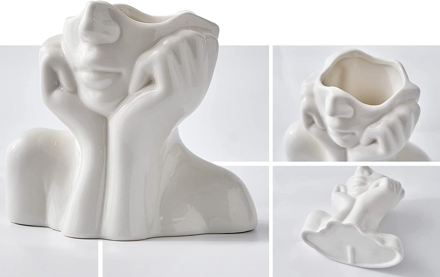 Ceramic Face Vase, White Flower Vase for Decor, 5.3" W x 4.7" H Modern Decorative Vase Centerpiece for Table Shelf Living Room Office Bedroom