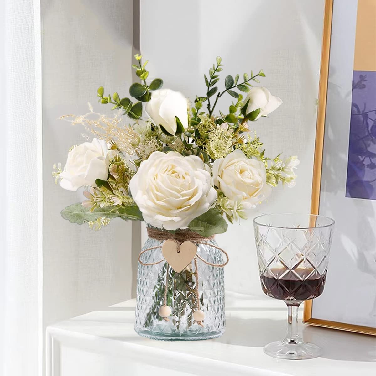 Fake Flowers with Vase, Artificial Flowers in Vase, Table Centerpieces for Dining Room, Silk Flower Arrangements Set, Living Room Bathroom Plants Decor, Dining Table Centerpieces (White)