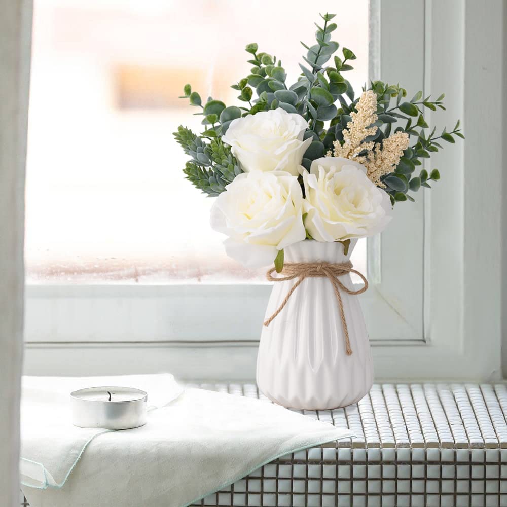 Fake Flowers with Vase, Dining Table Decor, Artificial Flowers White Roses in Vase, Silk Faux Flower Arrangements, Rustic Home Office Centerpiece Decorations, Bathroom Plant Decor