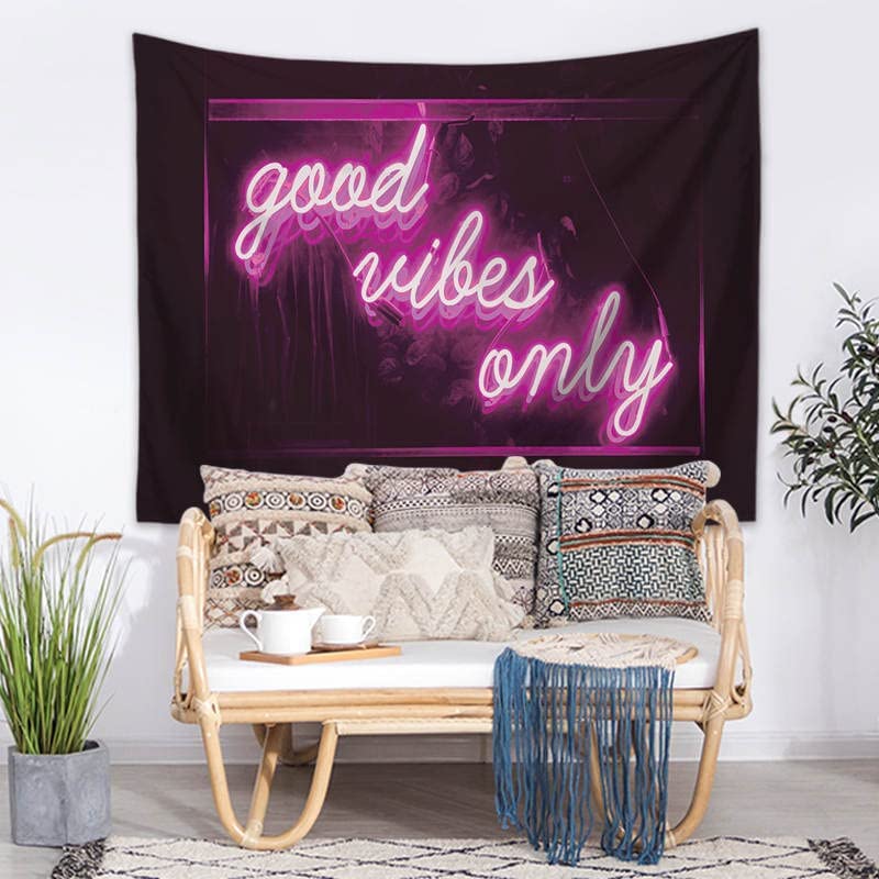 Decorative Wall Tapestry, Good Vibes Only Words in Neon Light for Bedroom Living Room Outdoor 50 X 60 Inches (Pink)