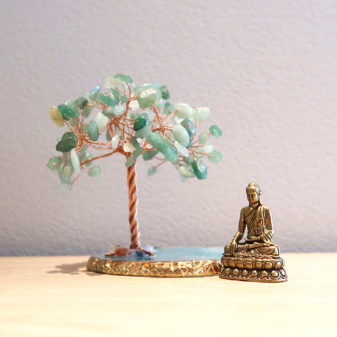 Buddha Statue with Healing Crystal Tree, Tree of Life for Positive Energy. Home Decor Yoga Meditation. Green.(B)