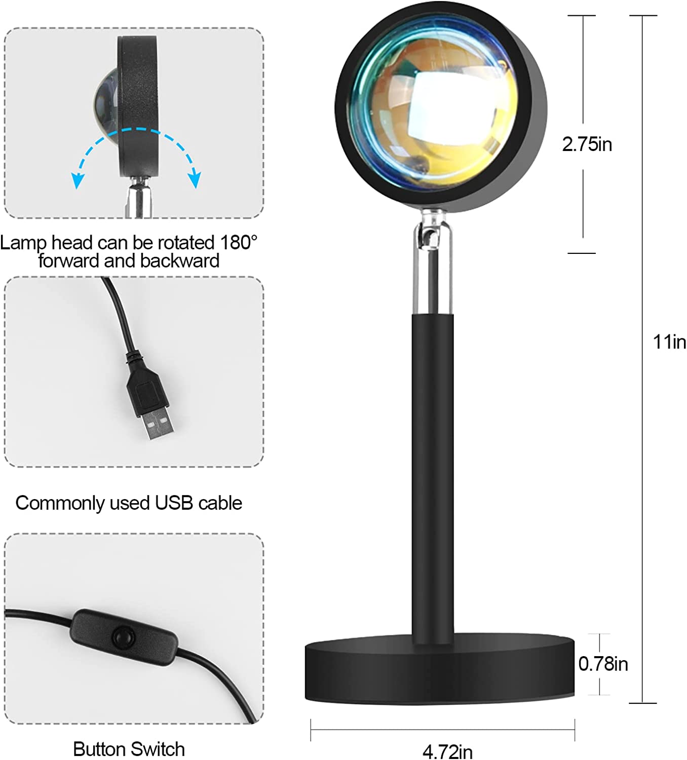 Sunset Projection Lamp, 180 Degree Rotation Rainbow Projection Lamp Led Light,Sunset Night Light Projector for Party Bedroom Decor (Sunset Red)