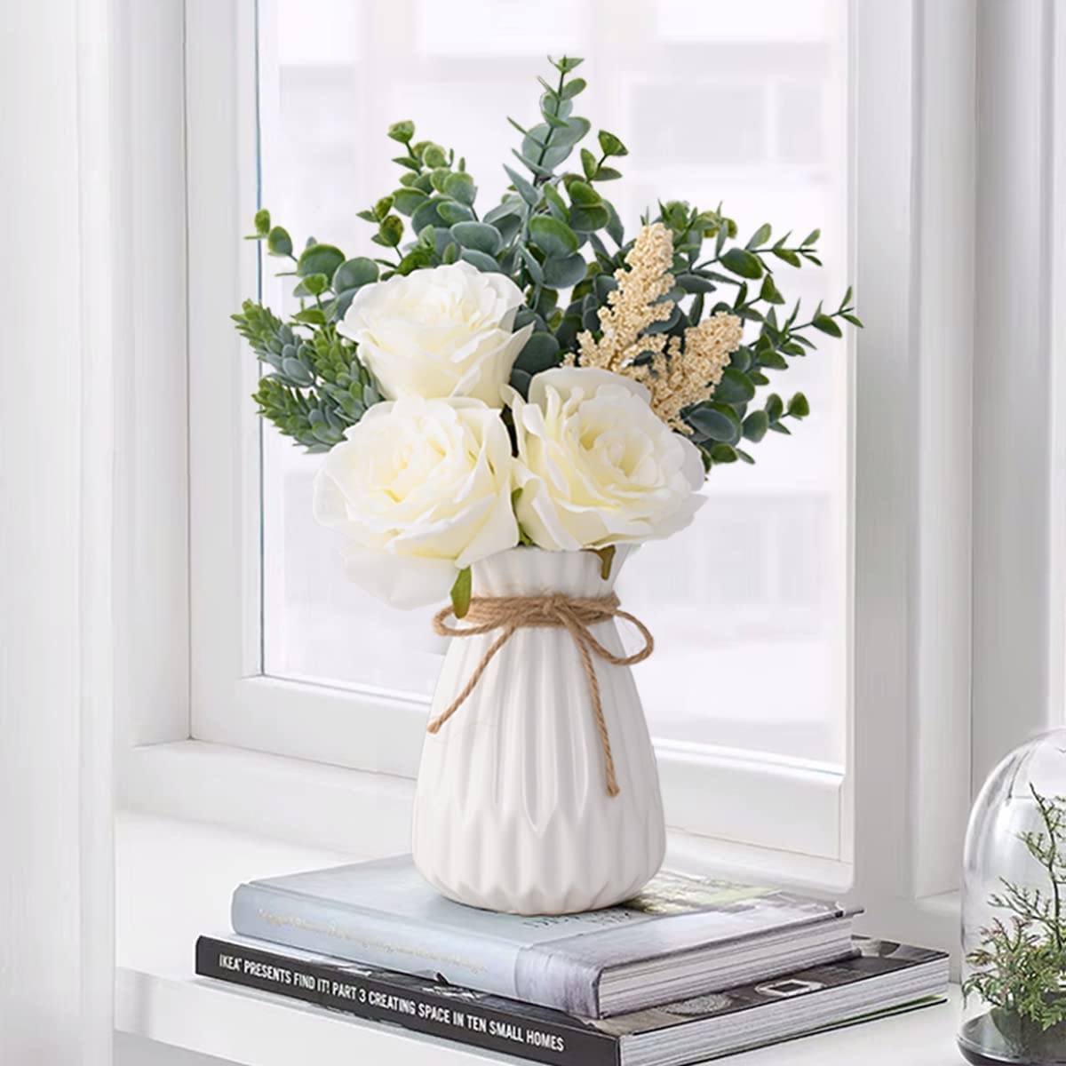Fake Flowers with Vase, Dining Table Decor, Artificial Flowers White Roses in Vase, Silk Faux Flower Arrangements, Rustic Home Office Centerpiece Decorations, Bathroom Plant Decor