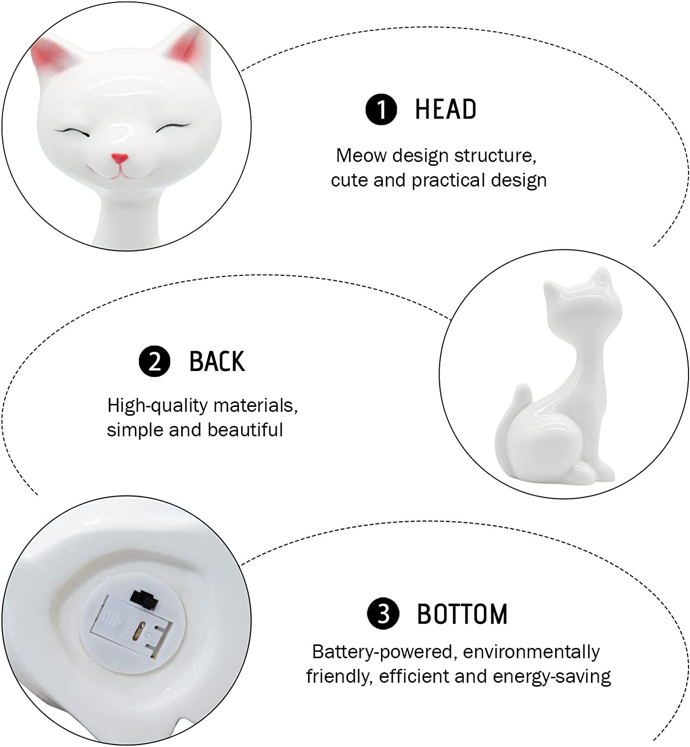 2 PCS White Ceramic Cat Figurines with LED Light, Cute Kitten Statue Home Decor, Cat Decor for Cat Lovers, Desktop Decorations for Cat Lovers, Birthday Gifts