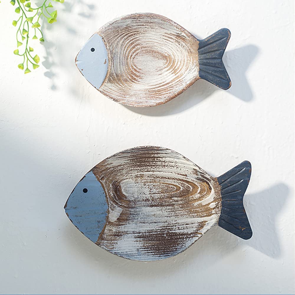 2Pcs Wood Fish Nautical Beach Wall Decor, Wooden Hanging Coastal Wall Art Decor for Home, Lake House, Ocean Bathroom Decor - Blue