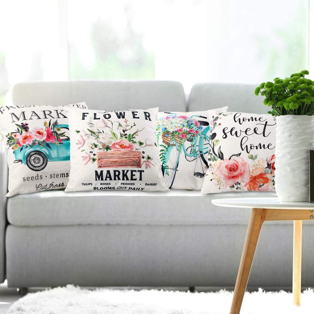 Spring Pillow Covers 18x18 Inch Set of 4 Fresh Flower Market Spring Decorations Throw Farmhouse Pillowcase Linen Cushion Case for Spring Home Décor