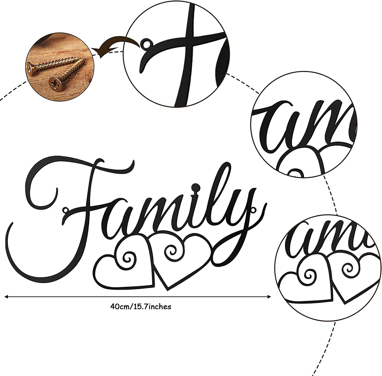 Family Wall Sign Family Wall Decor Sign Family Word Wall Art Family Wall Hanging Decoration for Home Dining Room Kitchen Door Decorations Wall Decor (Black,Metal)