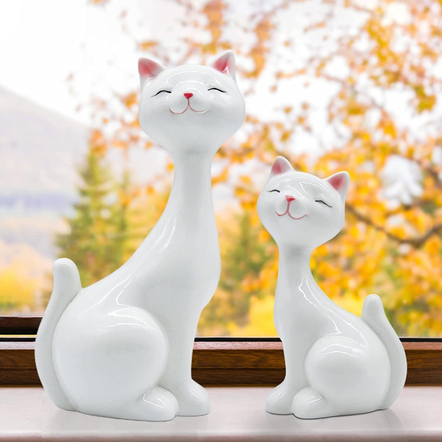 2 PCS White Ceramic Cat Figurines with LED Light, Cute Kitten Statue Home Decor, Cat Decor for Cat Lovers, Desktop Decorations for Cat Lovers, Birthday Gifts