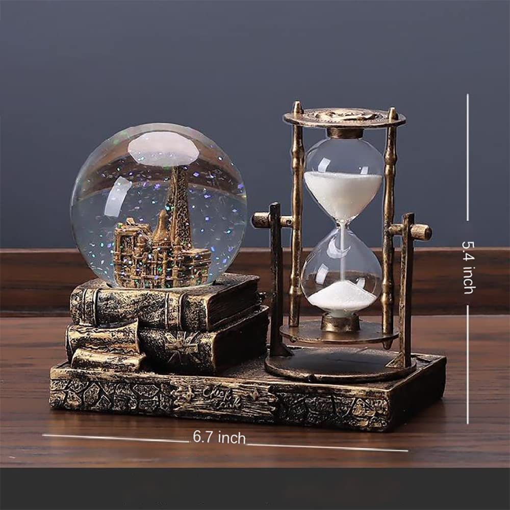 LED Music Crystal Snow Globe with Hourglass Timer Home Decoration for Living Room Bedroom Book Shelf TV Cabinet Desktop Decor Statue Figurine Table Centerpieces Ornaments(A Brass)