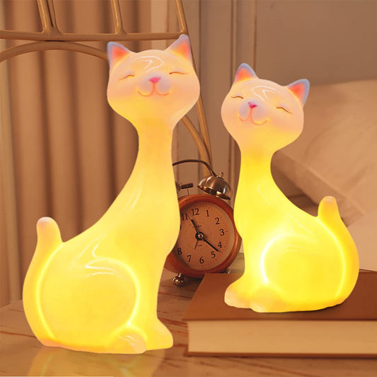 2 PCS White Ceramic Cat Figurines with LED Light, Cute Kitten Statue Home Decor, Cat Decor for Cat Lovers, Desktop Decorations for Cat Lovers, Birthday Gifts