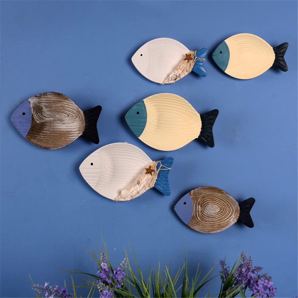 2Pcs Wood Fish Nautical Beach Wall Decor, Wooden Hanging Coastal Wall Art Decor for Home, Lake House, Ocean Bathroom Decor - Blue