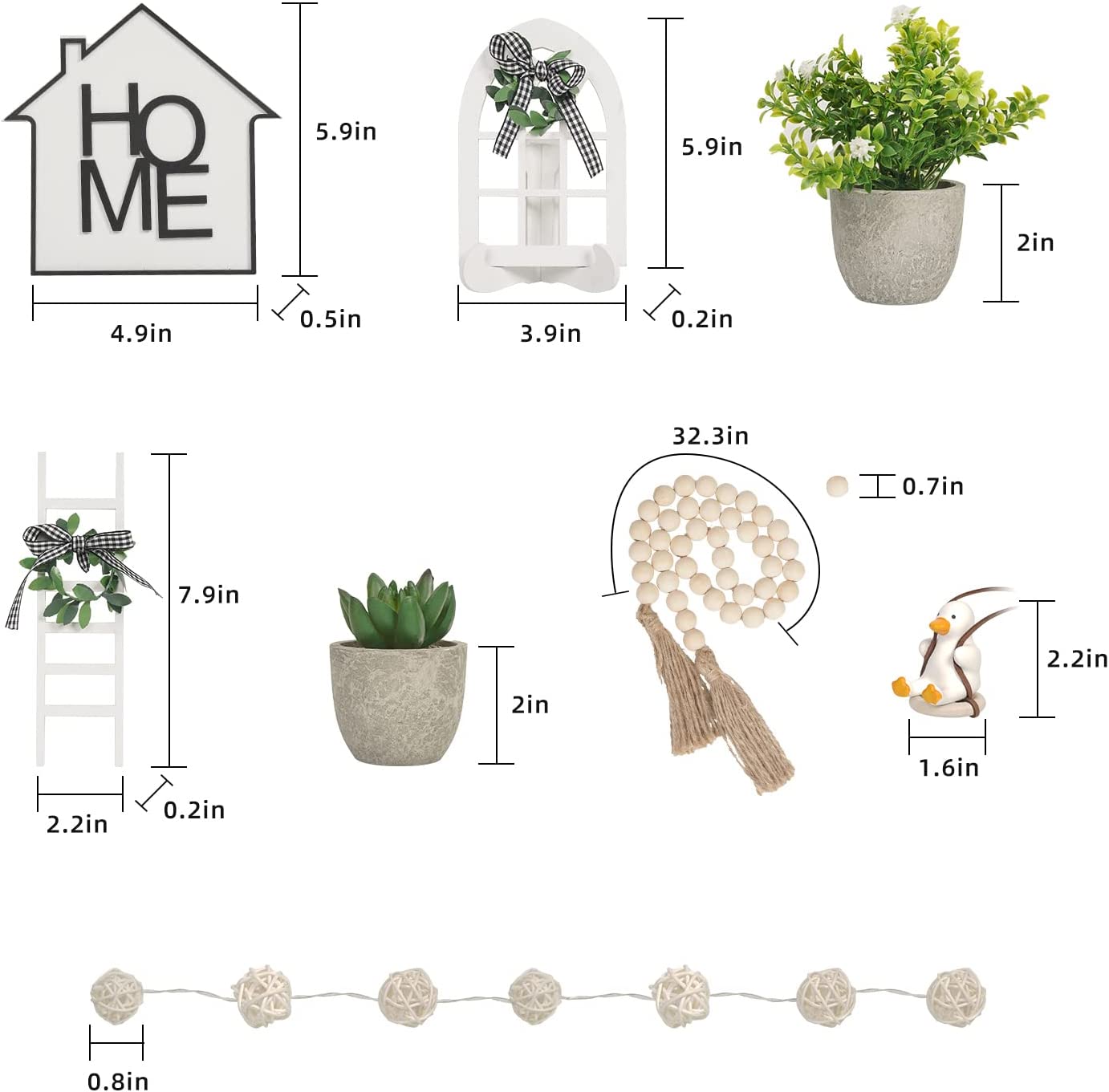 9 Pieces Farmhouse Tiered Tray Decor Set (Tray NOT Included), Rustic Tiered Tray Decoration,Rustic Table Ornaments with Vivid Duck&Rattan Ball String Lights,Housewarming Gift