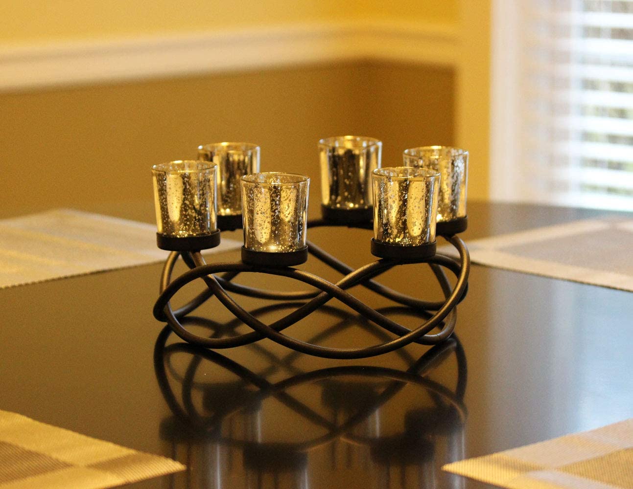 Iron Circular Table Centerpiece Decorations Candle Holder for Weddings, Patio, Kitchen, Dining Room, and Coffee Tables, Glass Votive Tealight Holders, Black, 6 Silver Cups