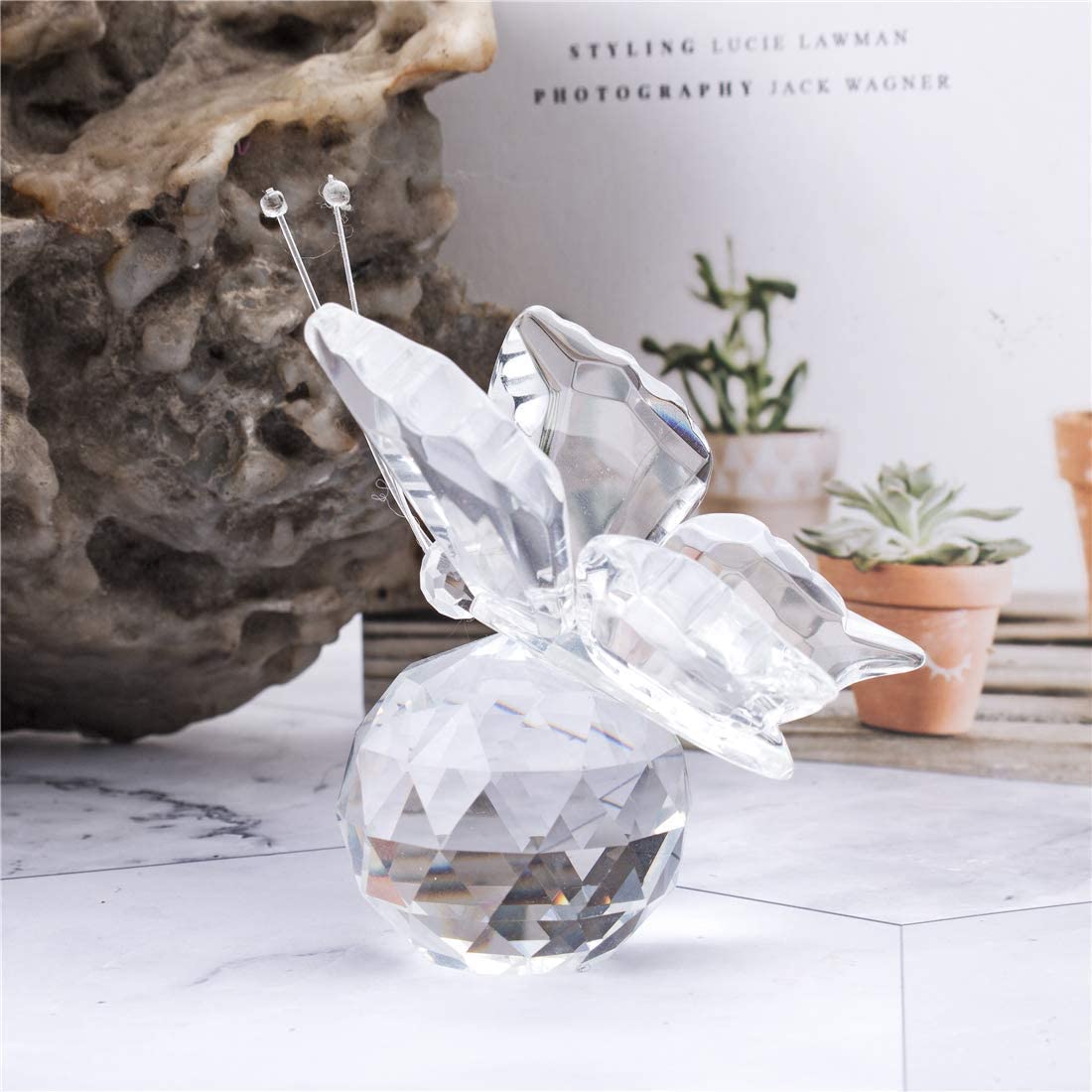 Crystal Flying Butterfly with Crystal Ball Base Figurine Collection Cut Glass Ornament Statue Animal Collectible (Clear)