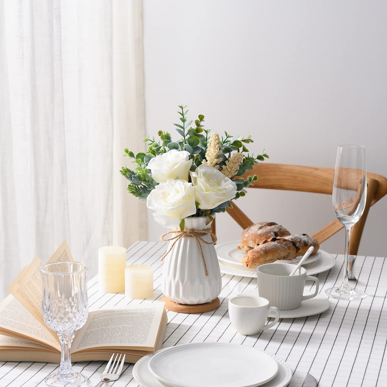 Fake Flowers with Vase, Dining Table Decor, Artificial Flowers White Roses in Vase, Silk Faux Flower Arrangements, Rustic Home Office Centerpiece Decorations, Bathroom Plant Decor