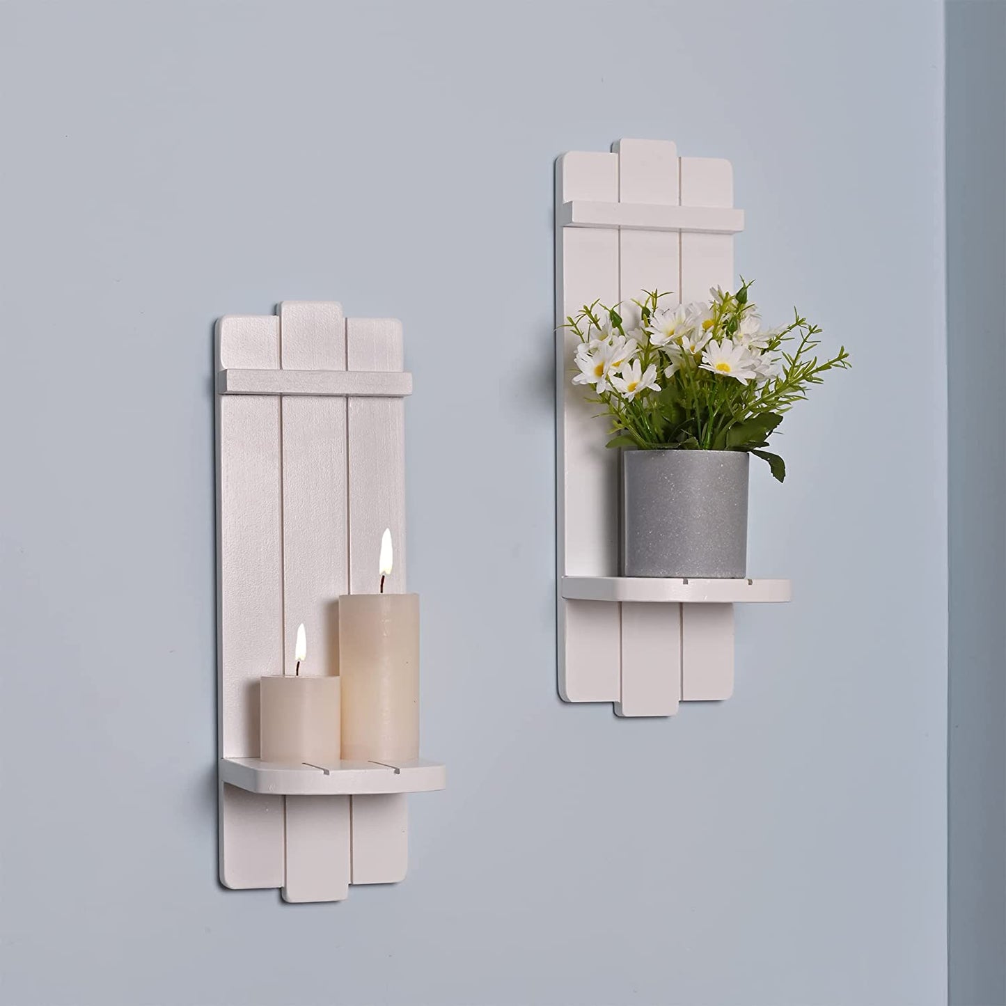 Wall Decor Set of 2, Wall Candle Holder Rustic Home Decor, Farmhouse Wall Art Floating Candle Sconces Shelf White Wall Decorations for Living Room, Dining Room, Bedroom, Bathroom