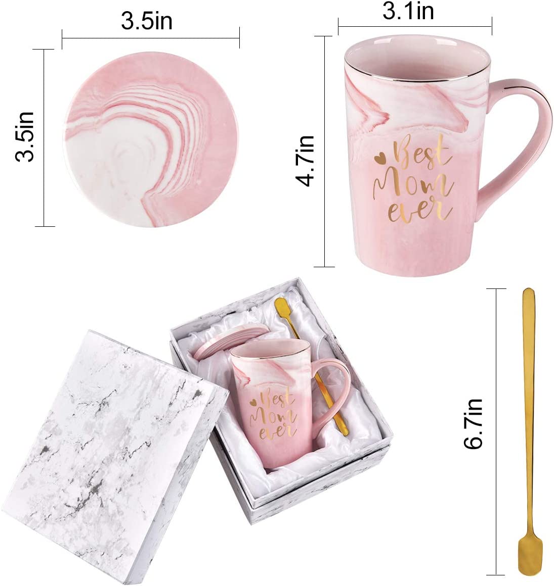 Best Mom Ever Coffee Mug Mom Mother Gifts Novelty Gifts for Mom from Daughter Son Women Mom Gifts for Mom Mother Mother's Day Gifts for Mom Printing with Gold 14Oz with Exquisite Box Packing Spoon