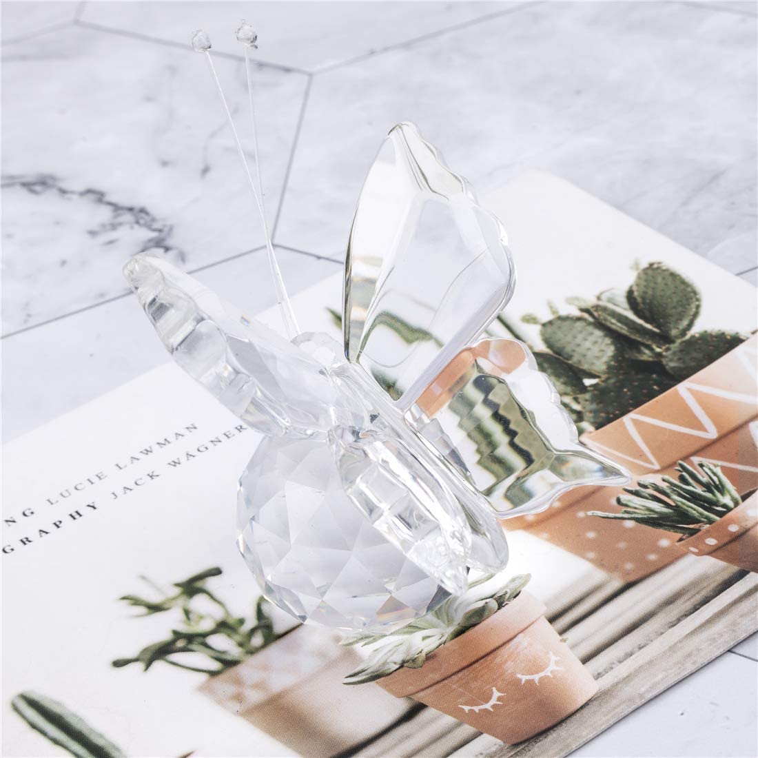 Crystal Flying Butterfly with Crystal Ball Base Figurine Collection Cut Glass Ornament Statue Animal Collectible (Clear)